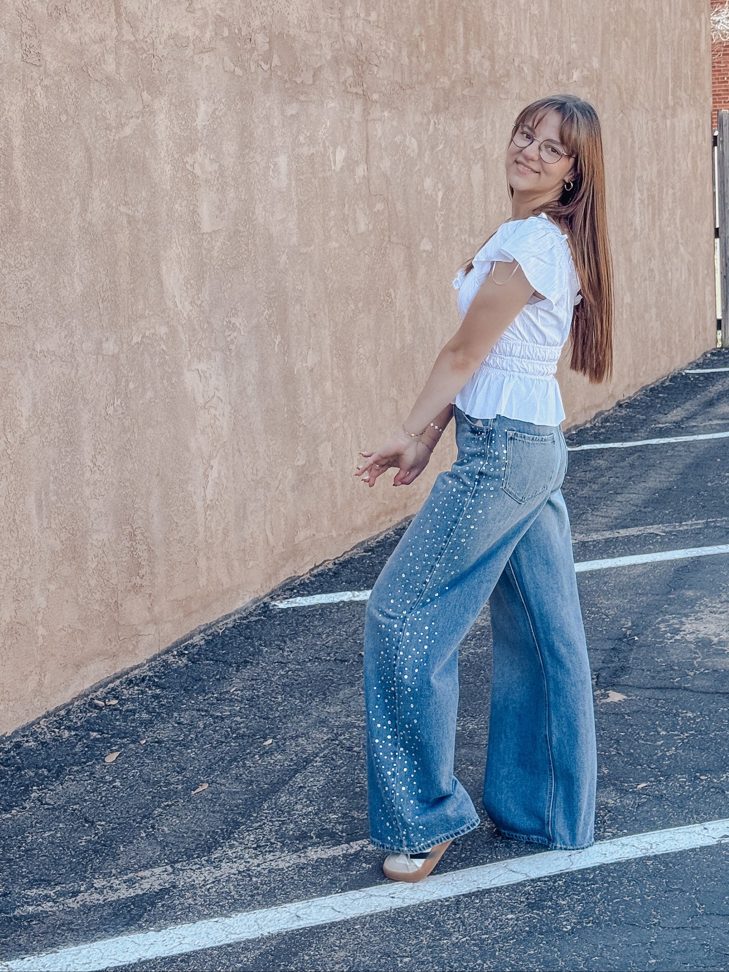 High Rise Wide Leg Jeans with Rhinestones