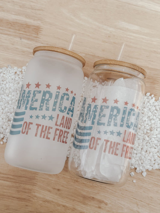 America Land Of The Free 16oz Glass Can Cup - Emma K Designs