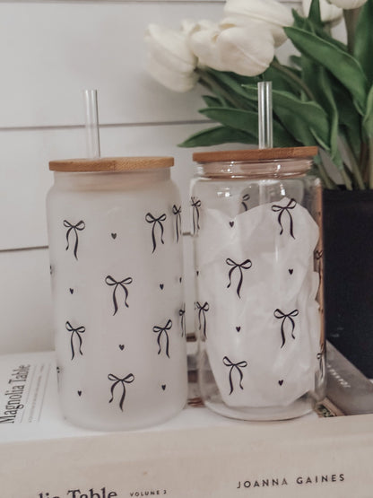 Black Bows 16oz Glass Can Cup - Emma K Designs