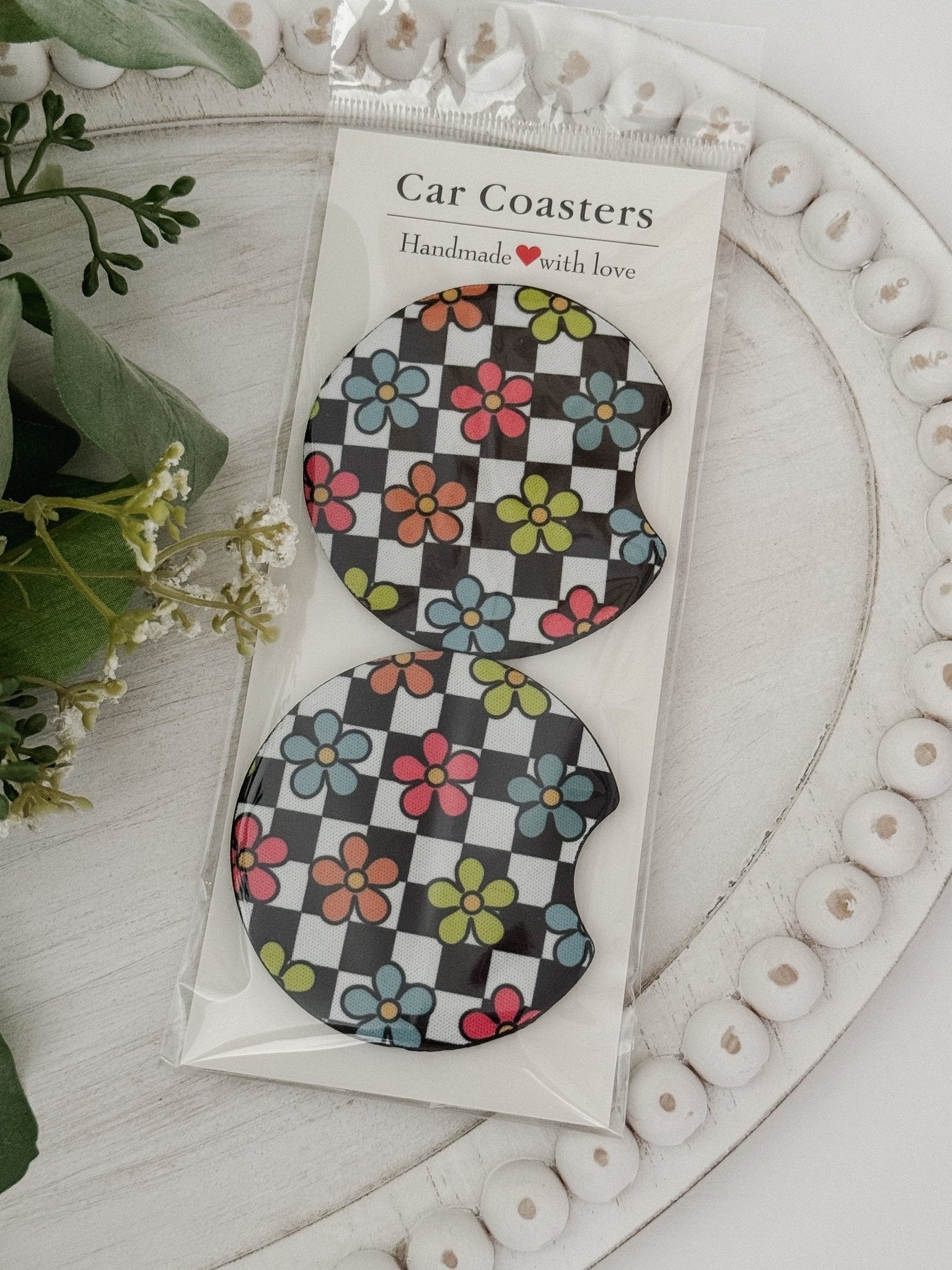 Car Coasters #1 Checkered Daisies - Emma K Designs