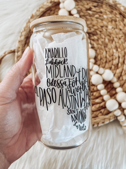 Cities of Texas 16oz Glass Beer Can Cup - Emma K Designs