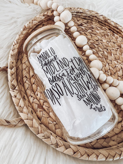 Cities of Texas 16oz Glass Beer Can Cup - Emma K Designs