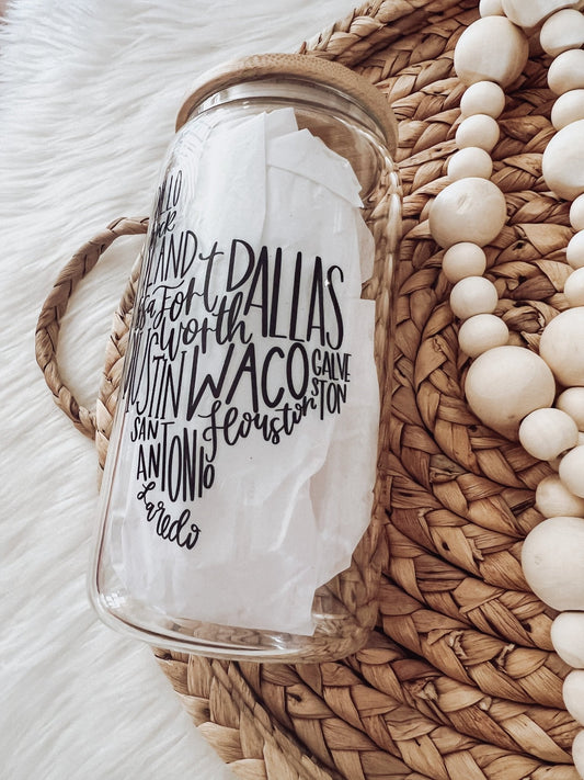 Cities of Texas 16oz Glass Beer Can Cup - Emma K Designs