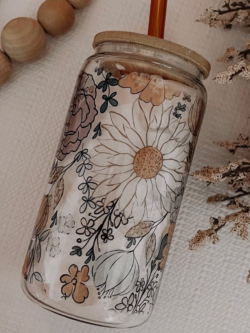 Fall Floral 16oz Glass Can Cup - Emma K Designs