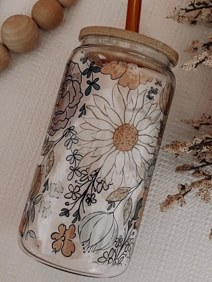 Fall Floral 16oz Glass Can Cup - Emma K Designs