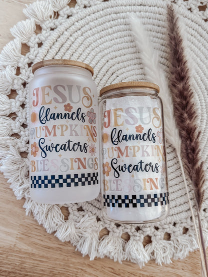 Jesus, Pumpkins and Blessings 16oz Glass Can Cup - Emma K Designs