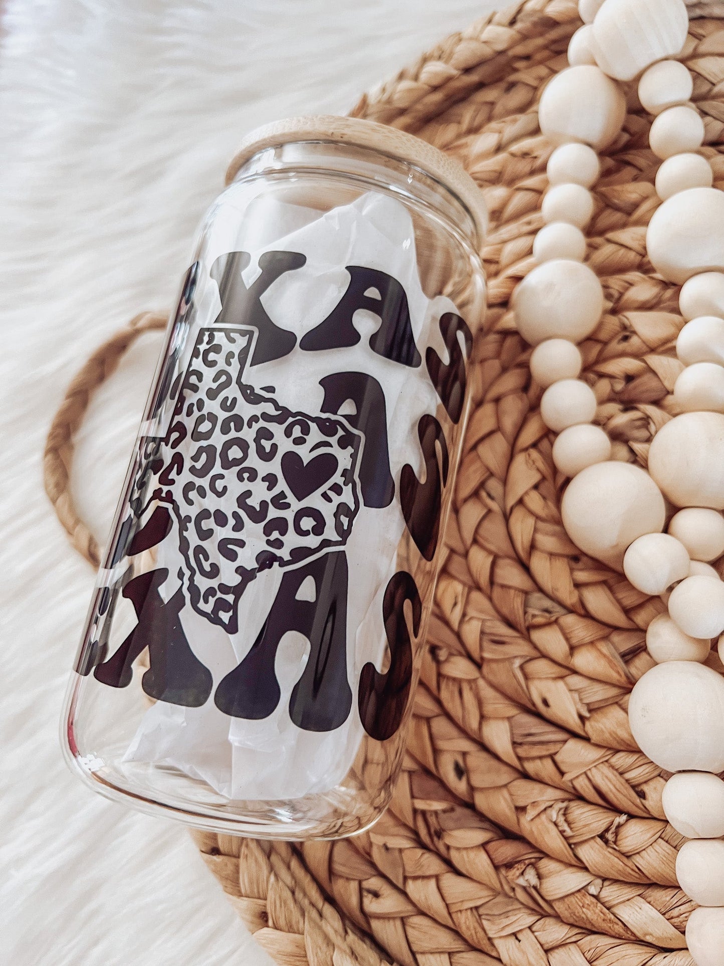 Leopard Texas State 16oz Glass Can Cup - Emma K Designs