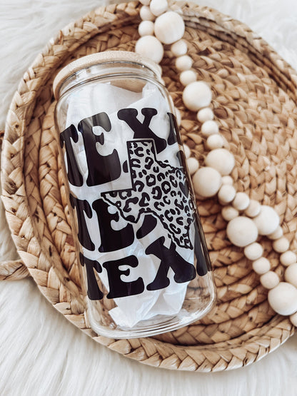 Leopard Texas State 16oz Glass Can Cup - Emma K Designs