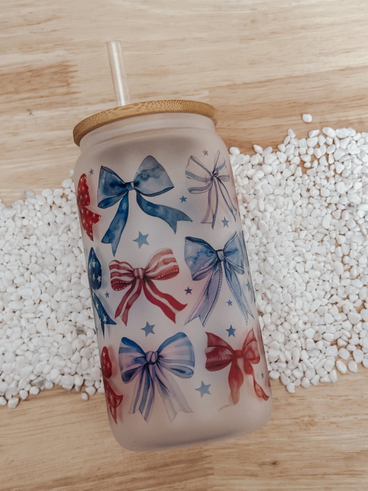 Patriotic Bows 16oz Glass Can Cup - Emma K Designs