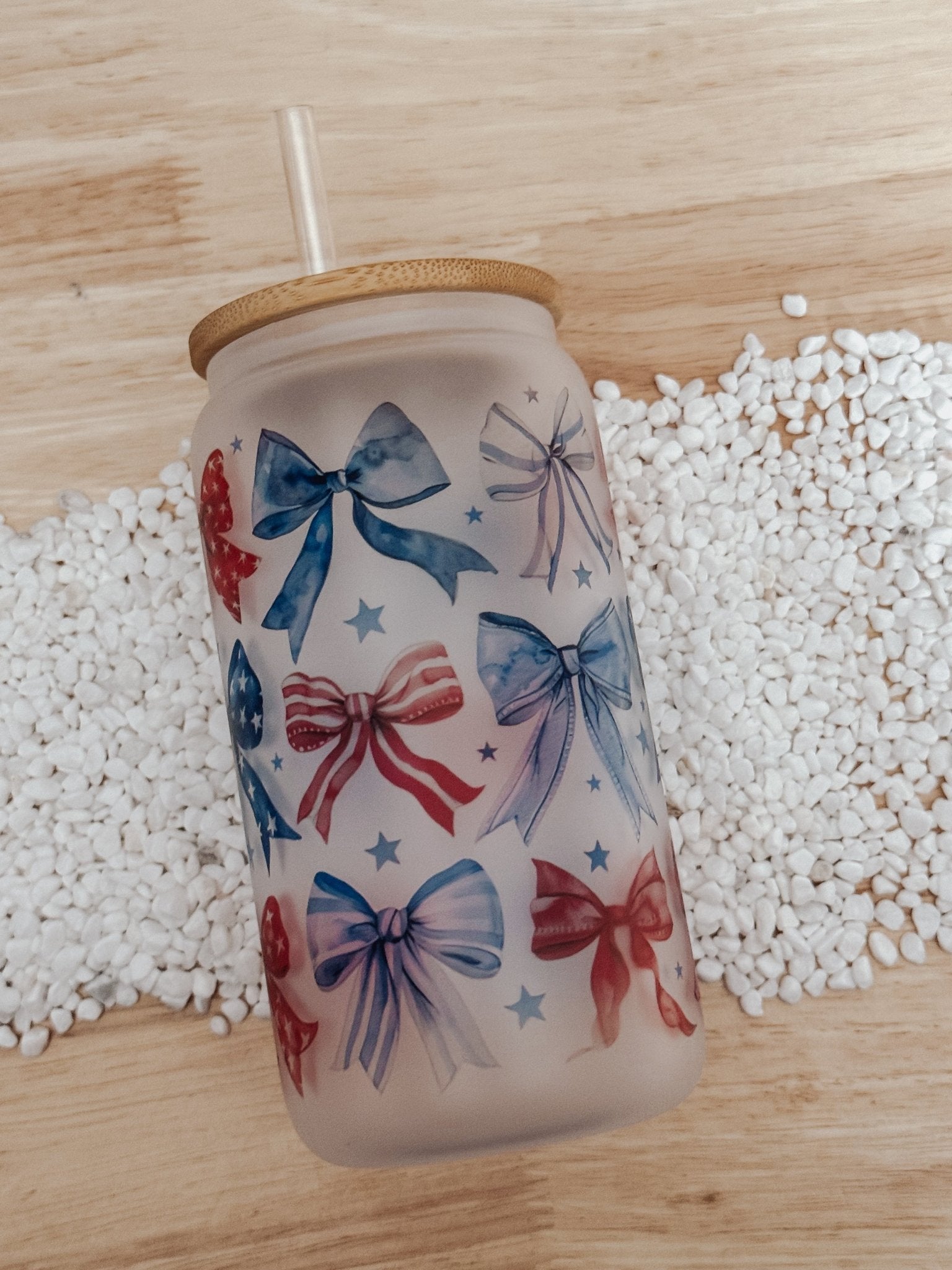 Patriotic Bows 16oz Glass Can Cup - Emma K Designs