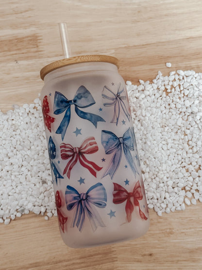 Patriotic Bows 16oz Glass Can Cup - Emma K Designs