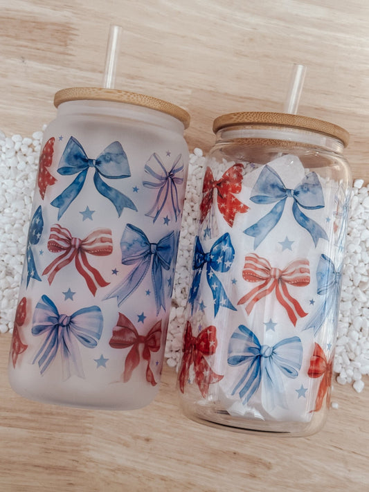 Patriotic Bows 16oz Glass Can Cup - Emma K Designs