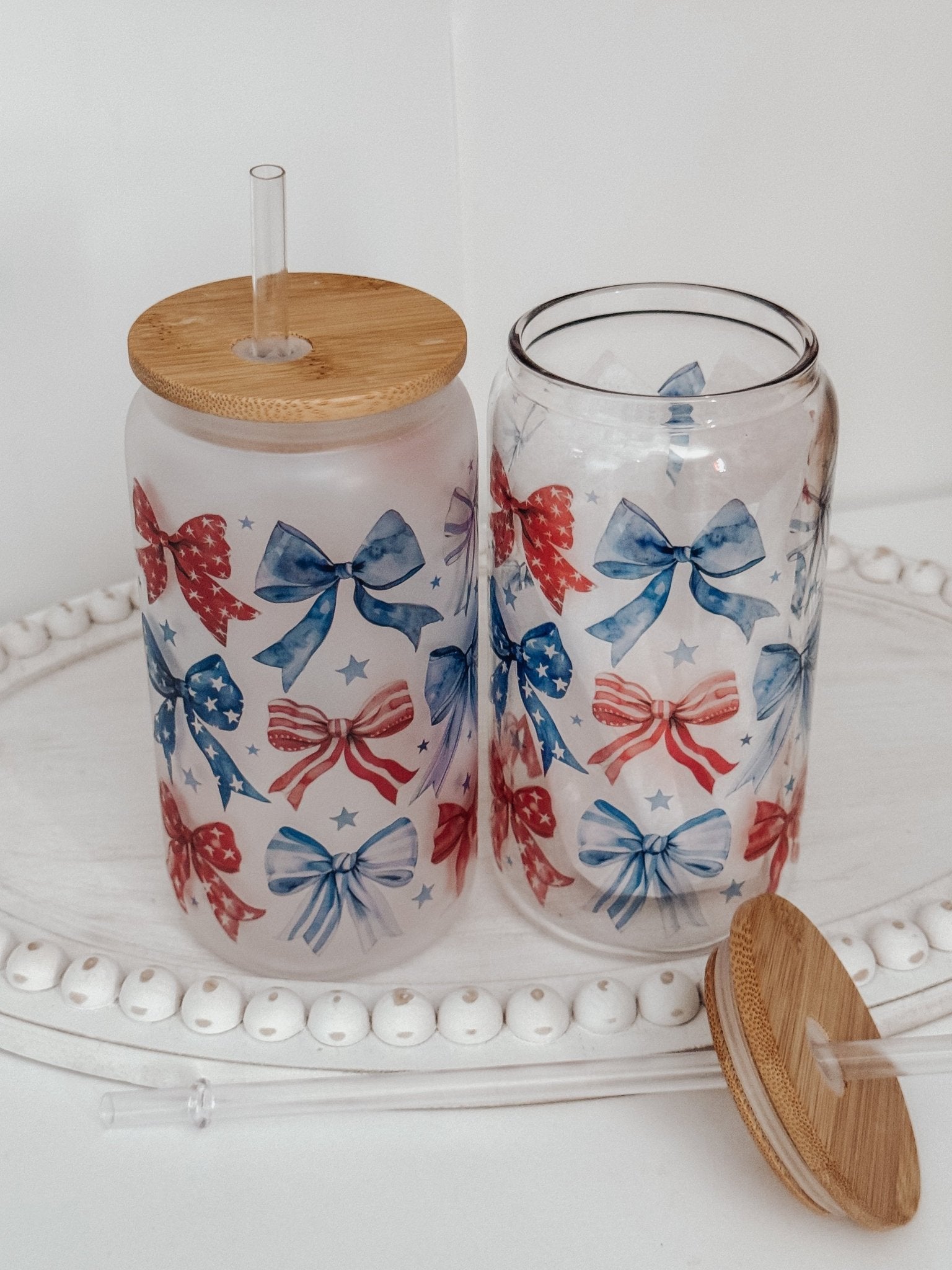 Patriotic Bows 16oz Glass Can Cup - Emma K Designs