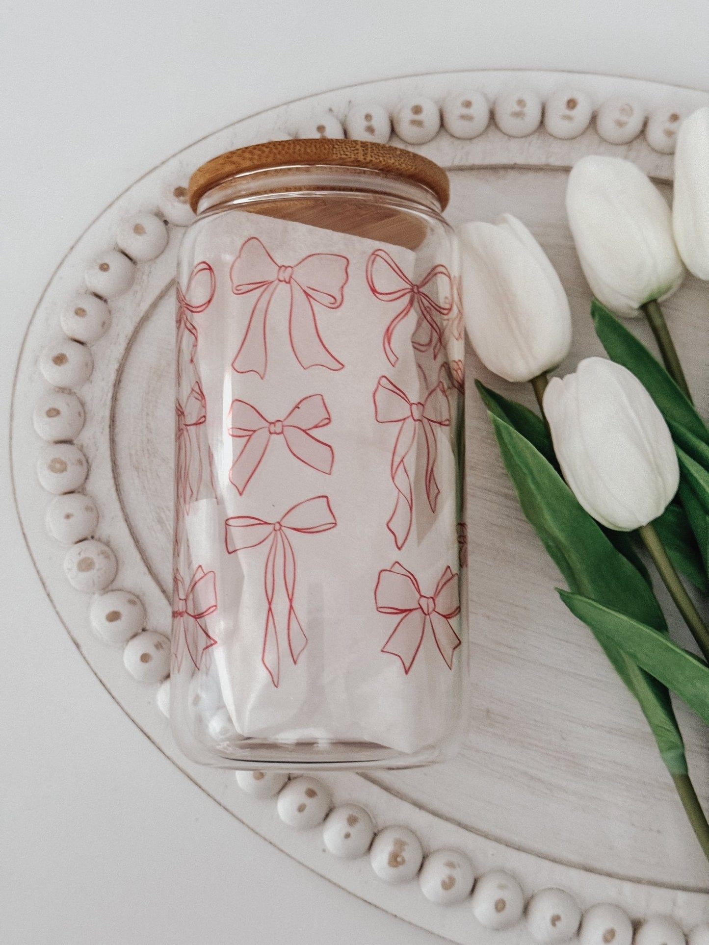 Pink Bows 16oz Glass Can Cup - Emma K Designs