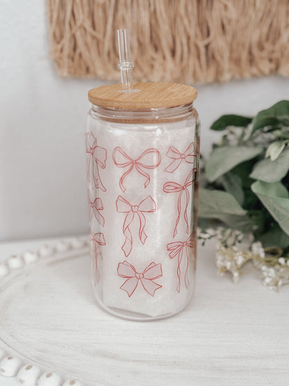 Pink Bows 16oz Glass Can Cup - Emma K Designs