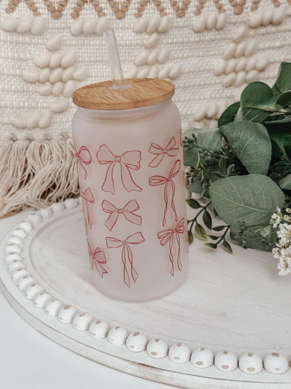 Pink Bows 16oz Glass Can Cup - Emma K Designs