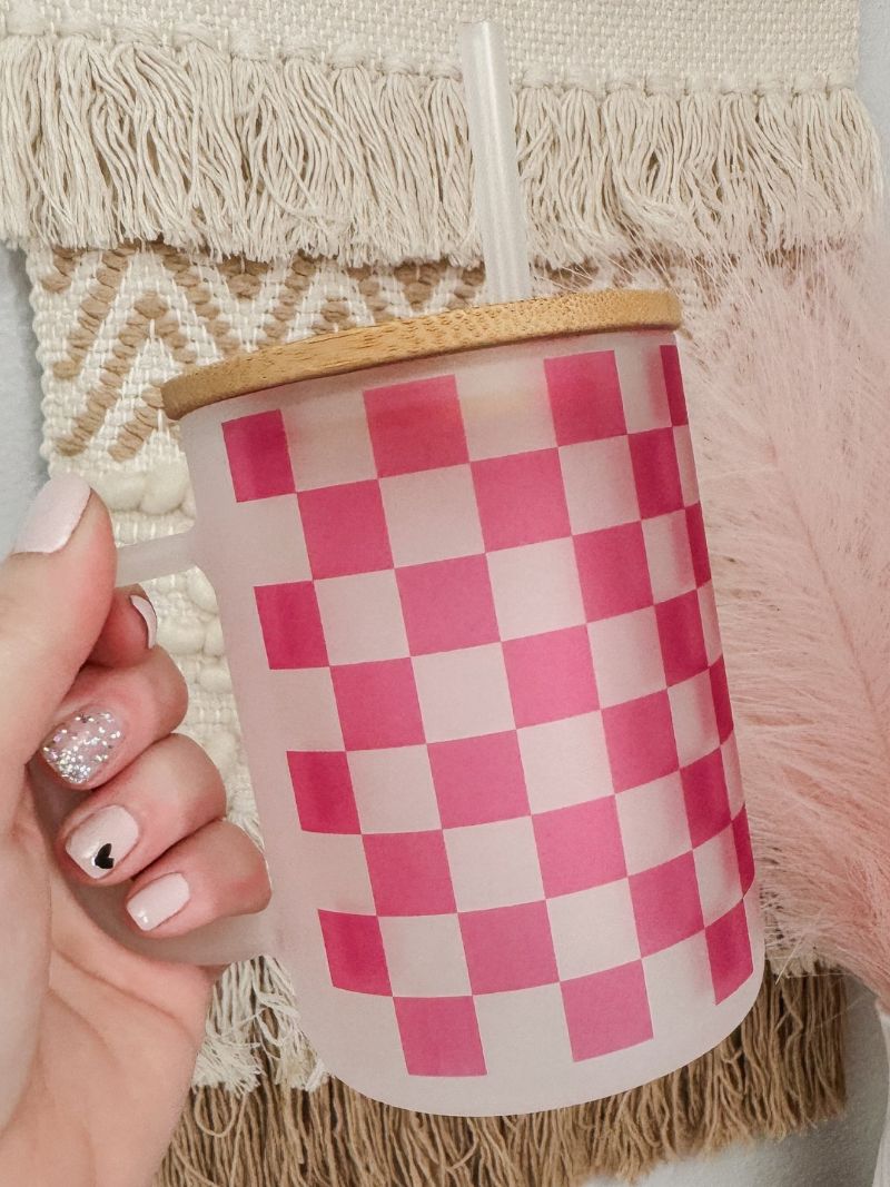 Pink Checkered 15oz Glass Mug - Emma K Designs