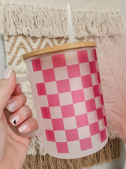 Pink Checkered 15oz Glass Mug - Emma K Designs