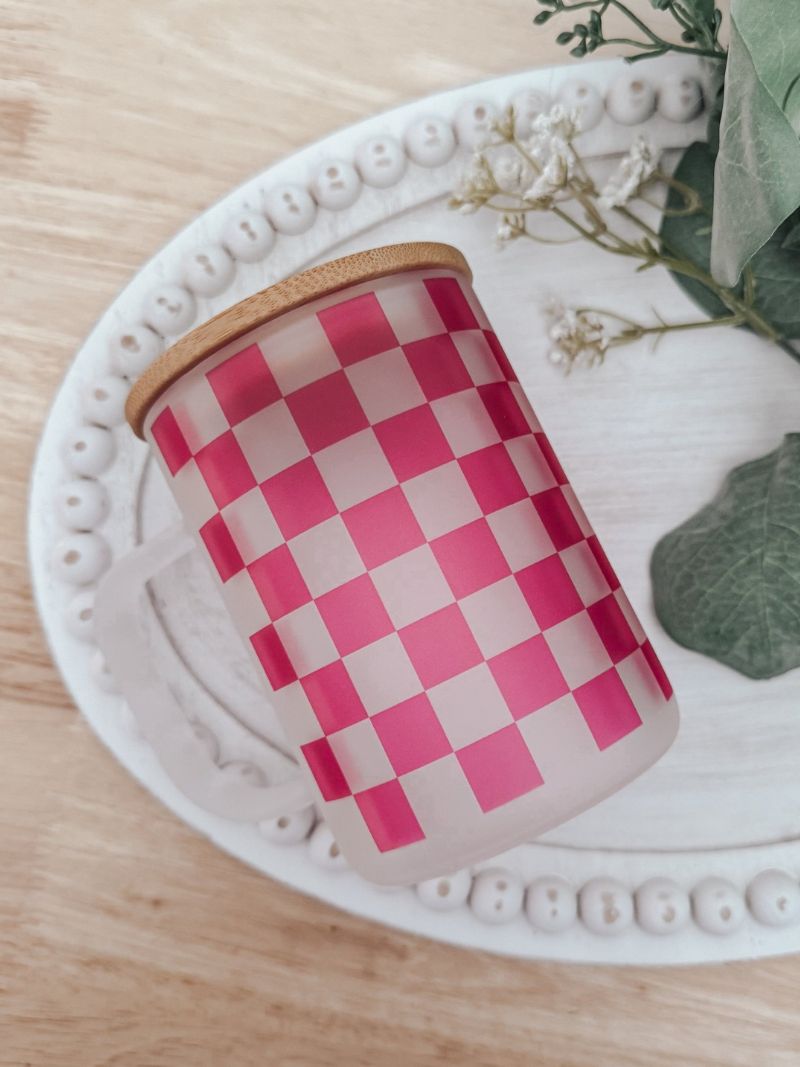 Pink Checkered 15oz Glass Mug - Emma K Designs
