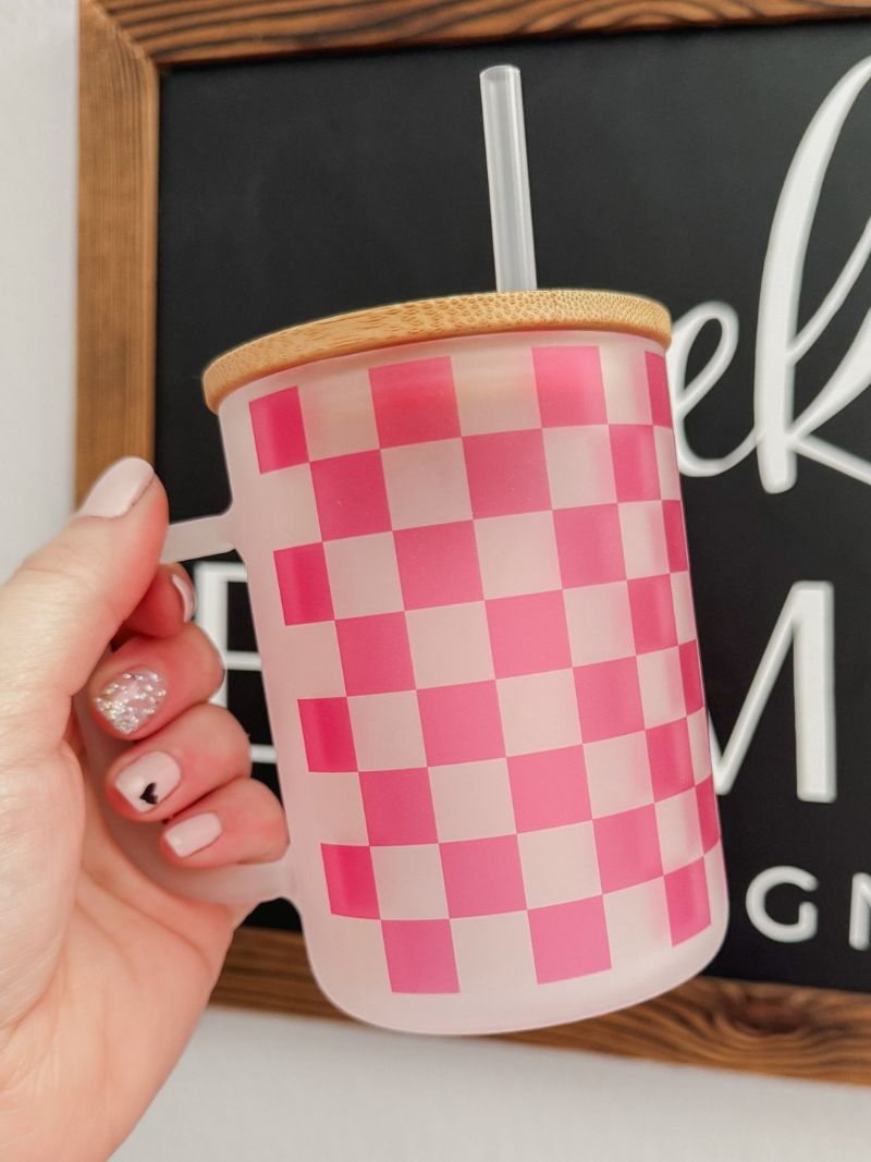 Pink Checkered 15oz Glass Mug - Emma K Designs