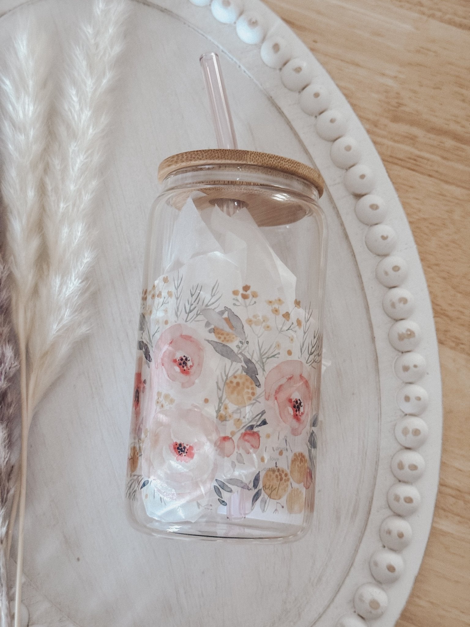 Pink Watercolor Floral Clear 16oz Glass Beer Can Cup - Emma K Designs