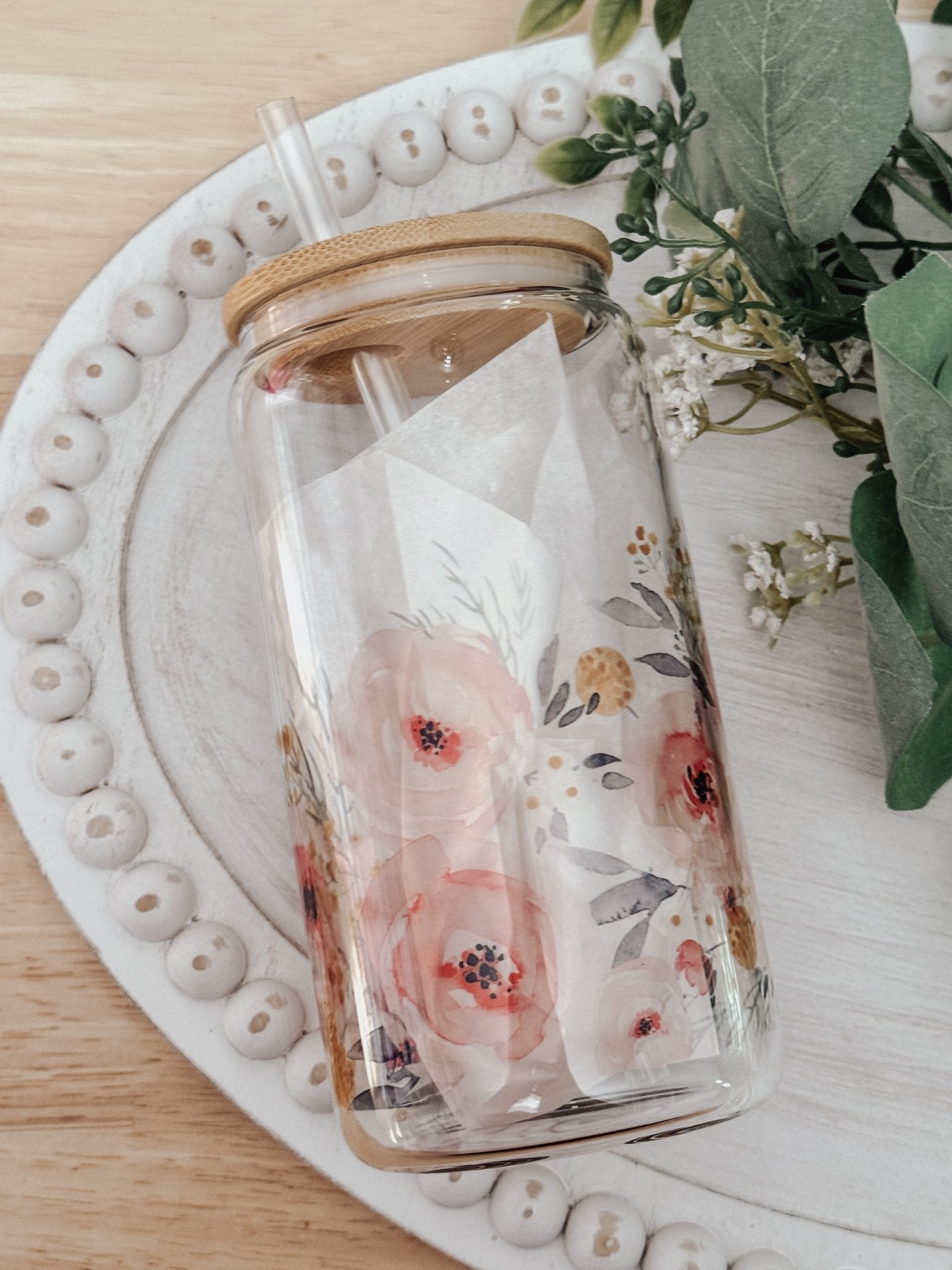 Pink Watercolor Floral Clear 16oz Glass Beer Can Cup - Emma K Designs