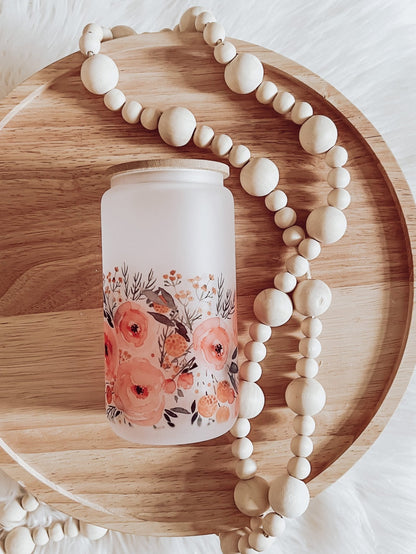 Pink Watercolor Floral Frosted 16oz Glass Beer Can Cup - Emma K Designs