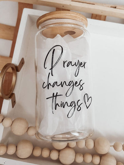 Prayer Changes Things 16oz Glass Can Cup - Emma K Designs