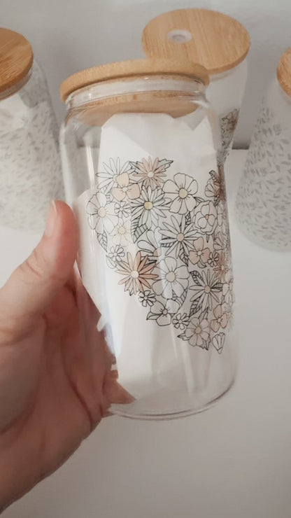 Boho Floral Heart 16oz Glass Can Cup