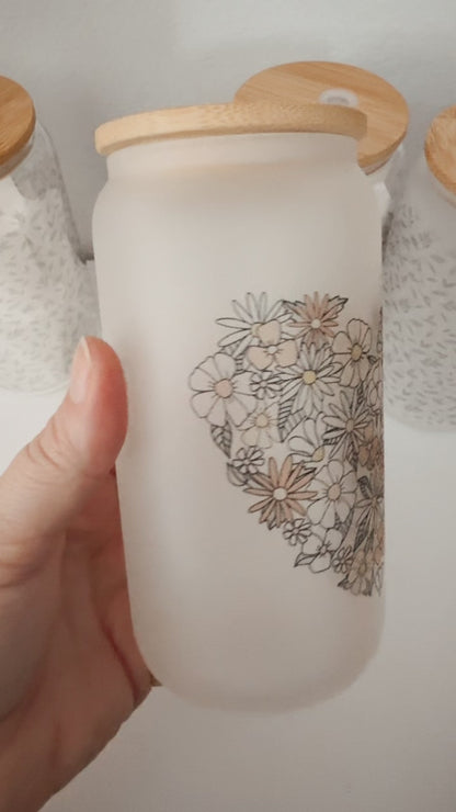 Boho Floral Heart 16oz Glass Can Cup