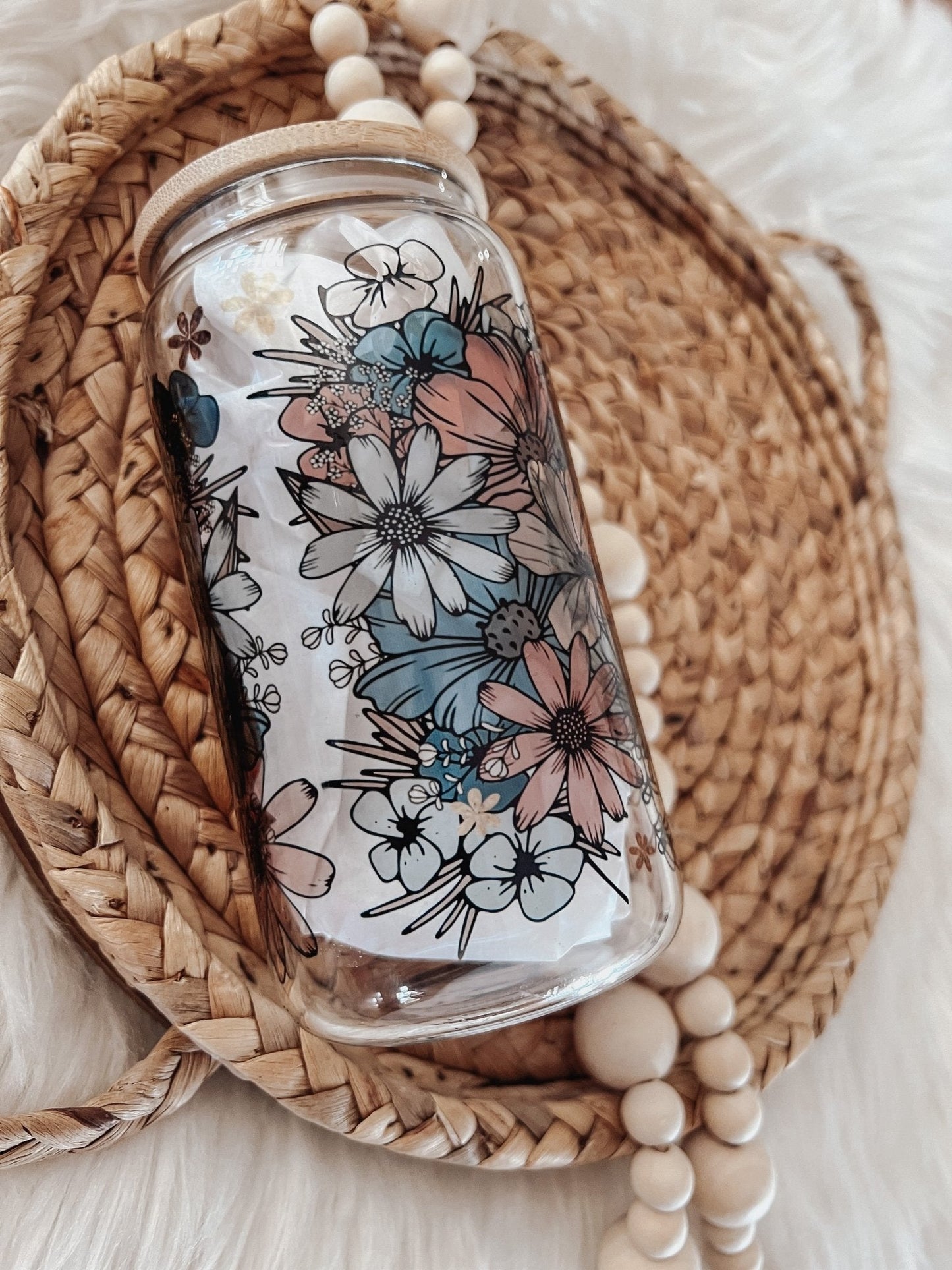 Retro Floral 16oz Glass Can Cup - Emma K Designs