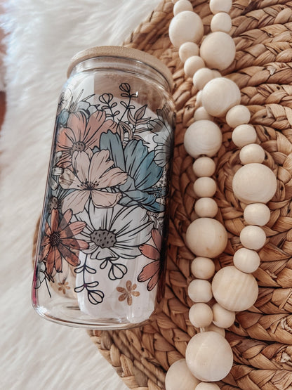 Retro Floral 16oz Glass Can Cup - Emma K Designs