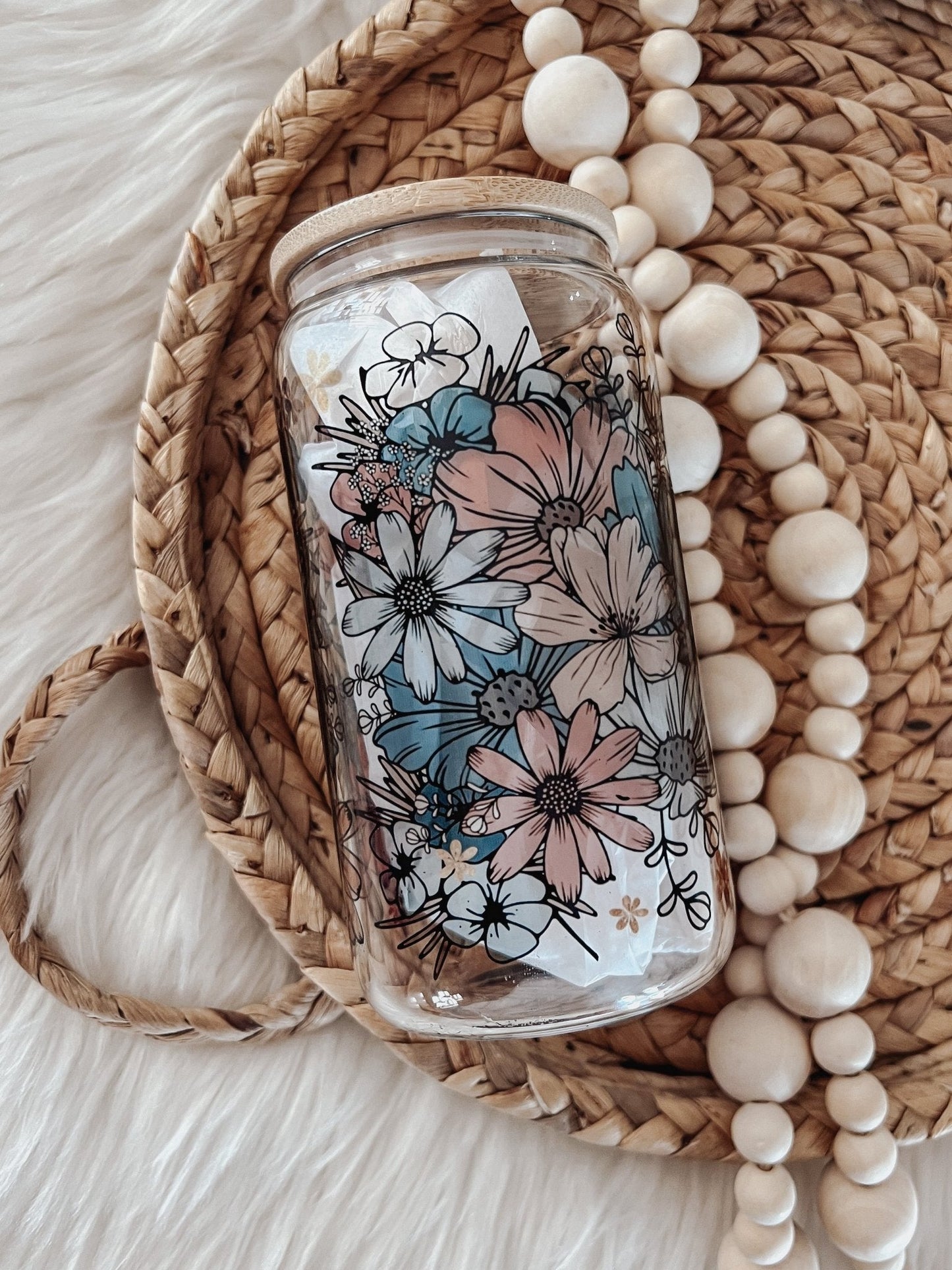 Retro Floral 16oz Glass Can Cup - Emma K Designs