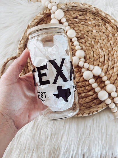 Texas Est. 1845 16oz Glass Can Cup - Emma K Designs
