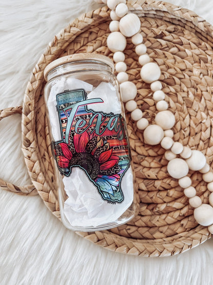 Texas Serape 16 oz Glass Can Cup - Emma K Designs