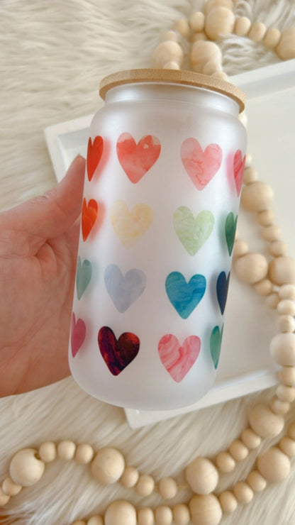 Watercolor Hearts Frosted 16oz Glass Can Cup - Emma K Designs