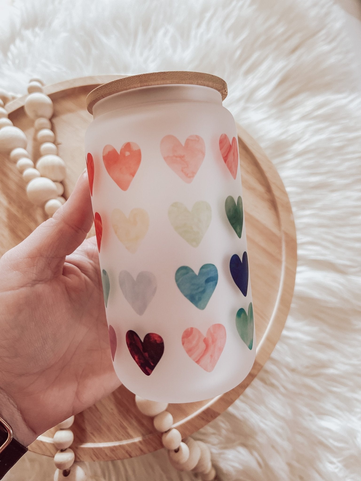 Watercolor Hearts Frosted 16oz Glass Can Cup - Emma K Designs
