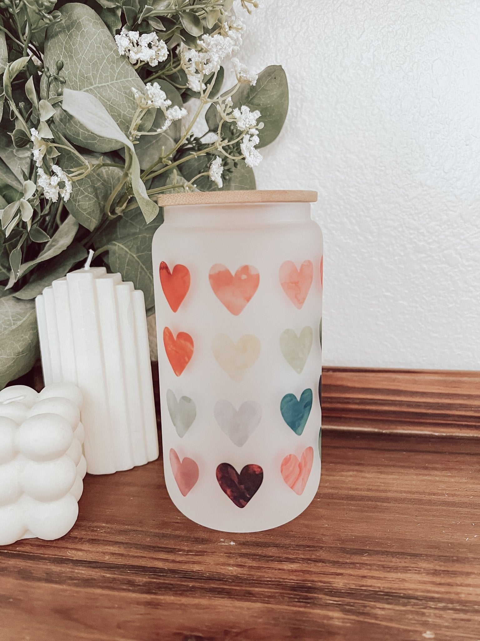 Watercolor Hearts Frosted 16oz Glass Can Cup - Emma K Designs