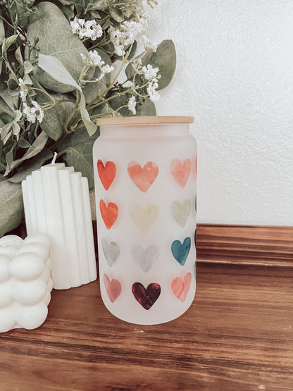 Watercolor Hearts Frosted 16oz Glass Can Cup - Emma K Designs