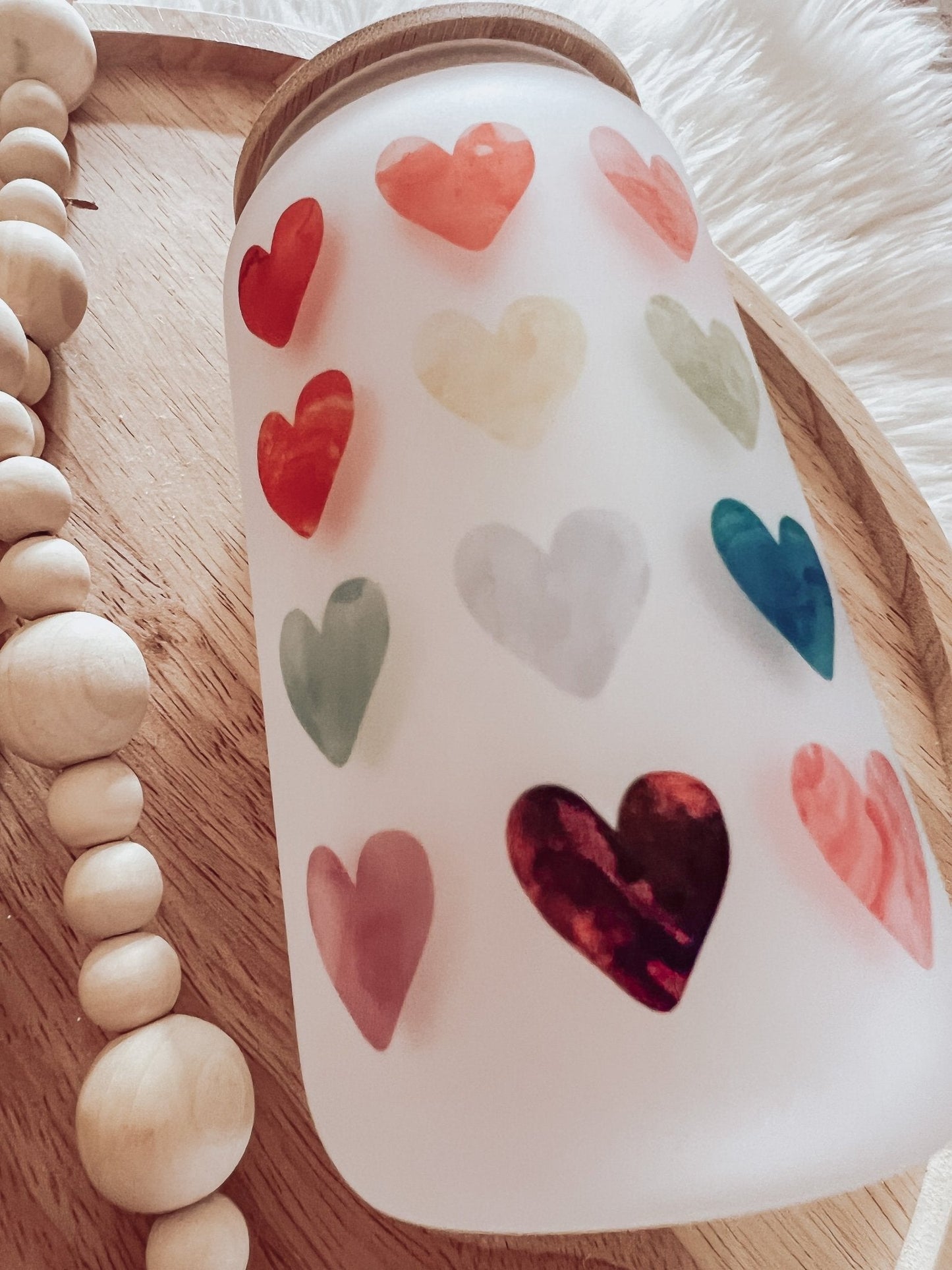 Watercolor Hearts Frosted 16oz Glass Can Cup - Emma K Designs