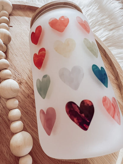 Watercolor Hearts Frosted 16oz Glass Can Cup - Emma K Designs