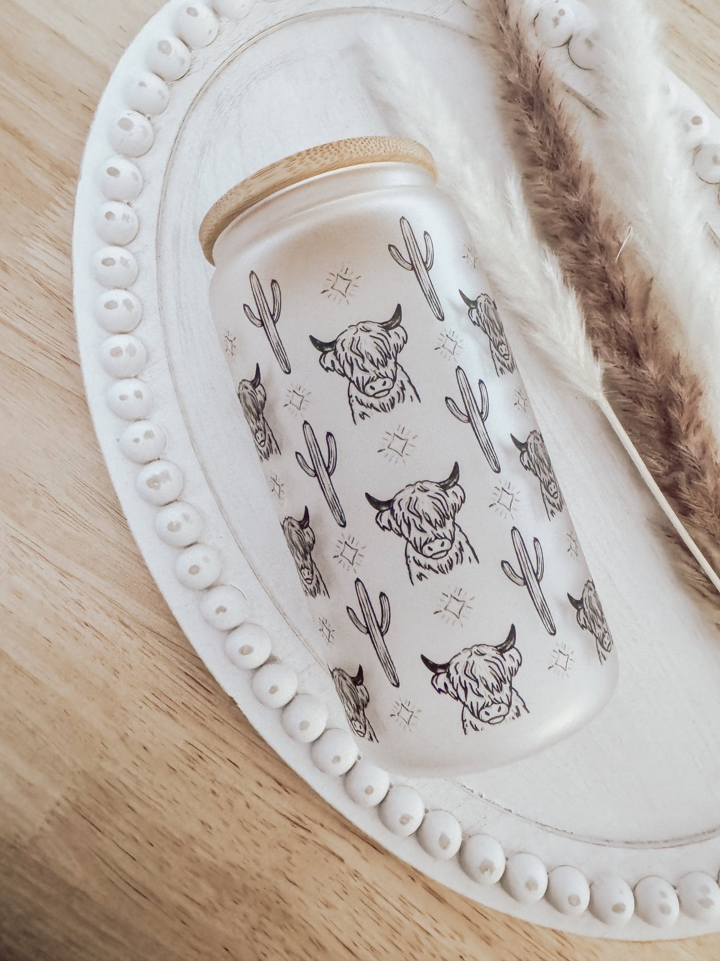 Western Cow 16oz Glass Can Cup - Emma K Designs