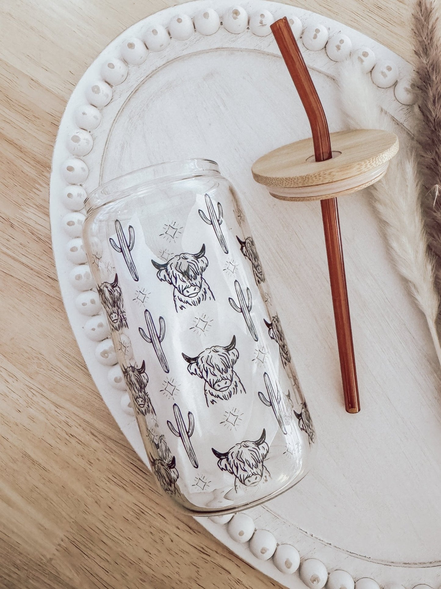 Western Cow 16oz Glass Can Cup - Emma K Designs