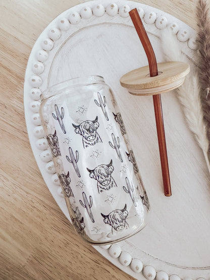 Western Cow 16oz Glass Can Cup - Emma K Designs