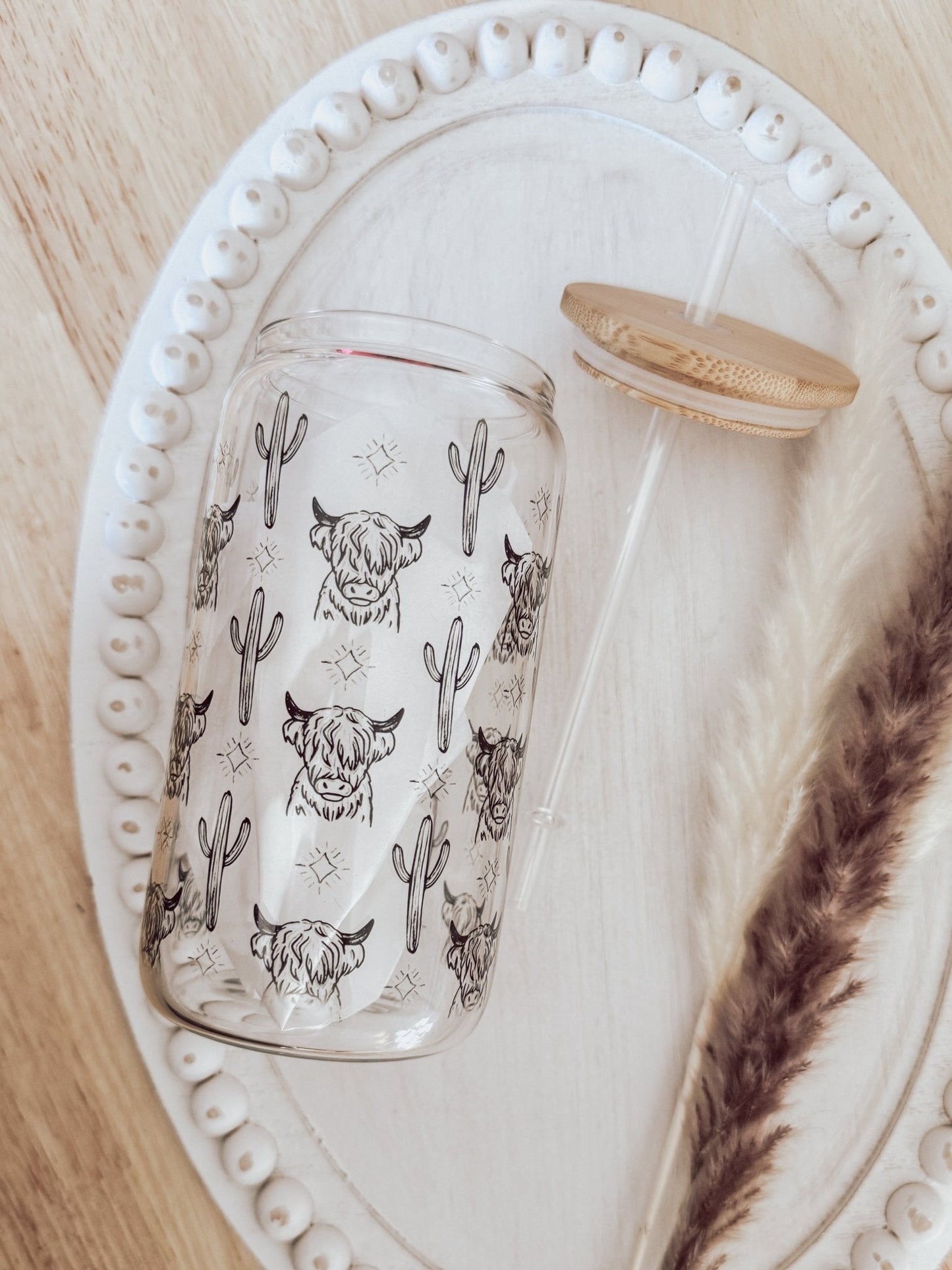 Western Cow 16oz Glass Can Cup - Emma K Designs