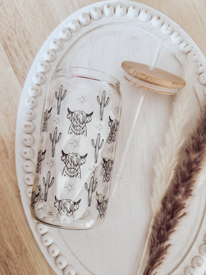 Western Cow 16oz Glass Can Cup - Emma K Designs