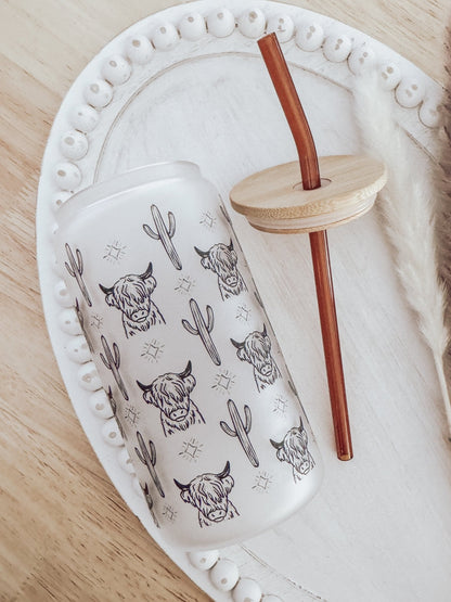 Western Cow 16oz Glass Can Cup - Emma K Designs