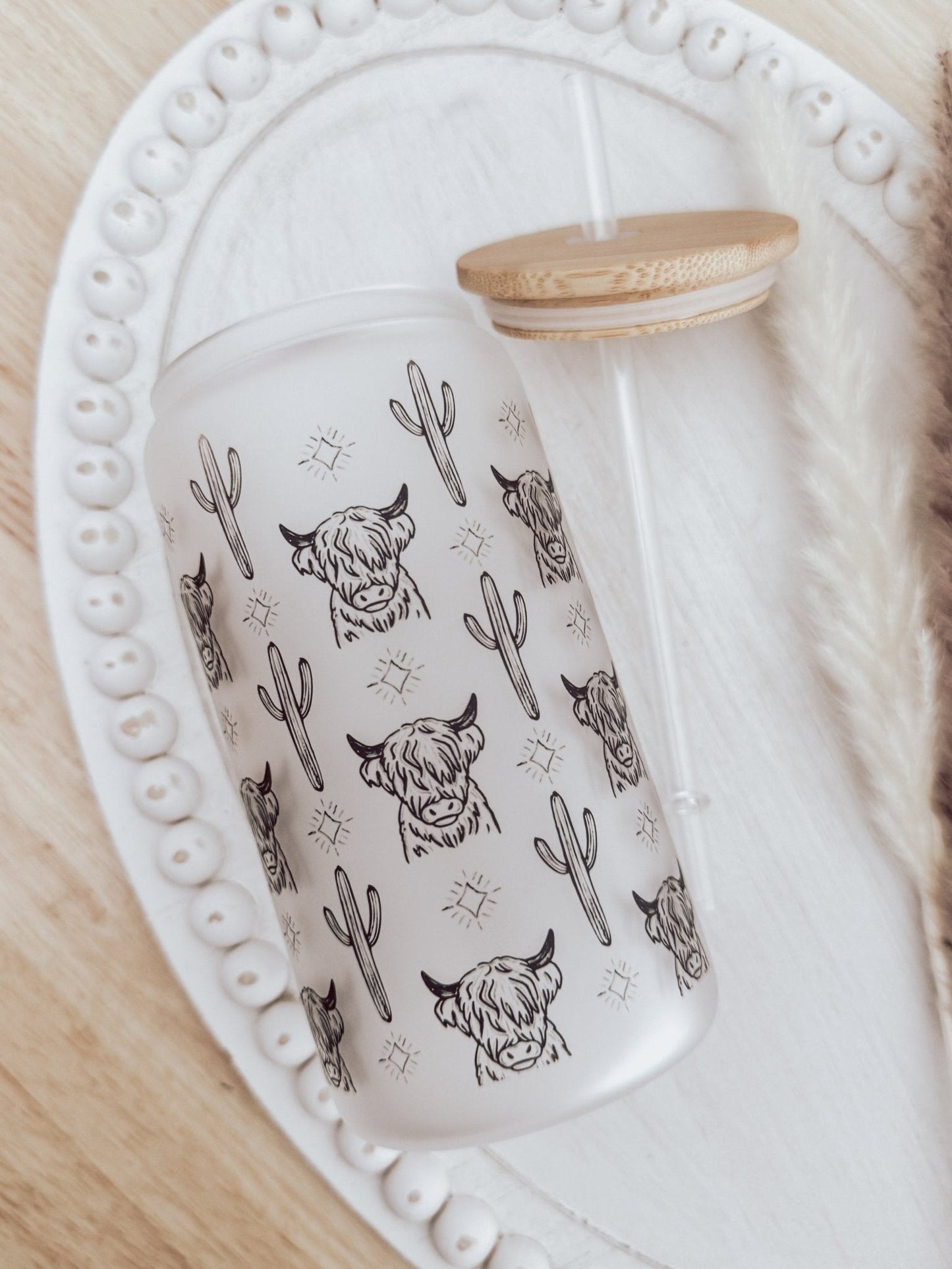 Western Cow 16oz Glass Can Cup - Emma K Designs