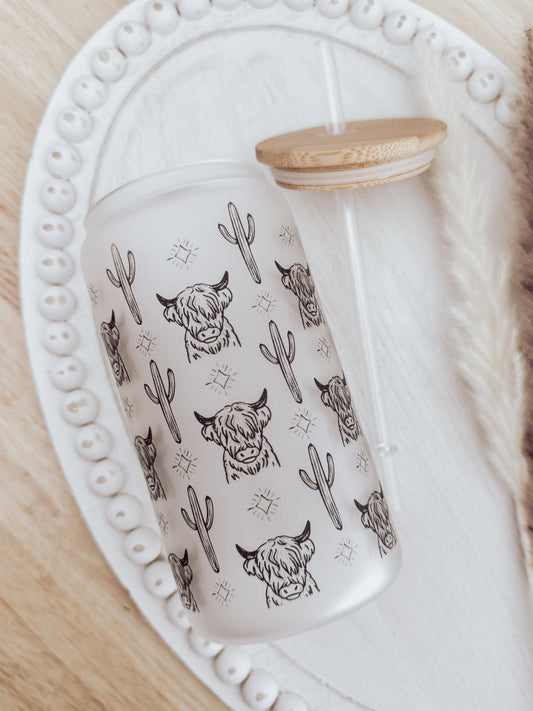 Western Cow 16oz Glass Can Cup - Emma K Designs