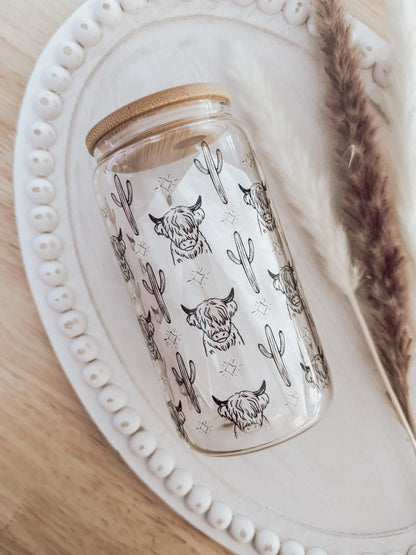 Western Cow 16oz Glass Can Cup - Emma K Designs